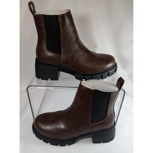 Womens Brown Faux Leather Lug Sole Chelsea Ankle Boots Chunky Block Heel Size 7